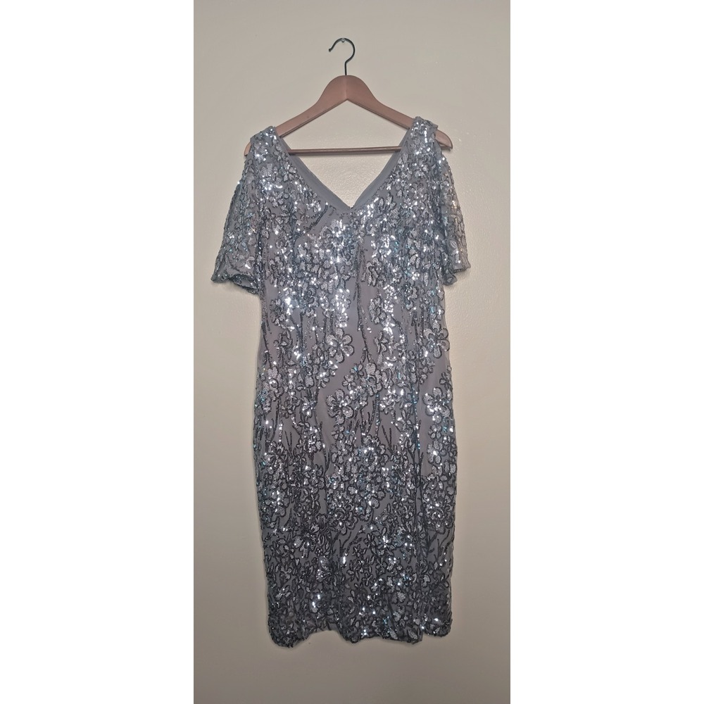 Alex Evenings Sequin Cold Shoulder Sheath Dress 18 Gray Silver Flutter V-Neck